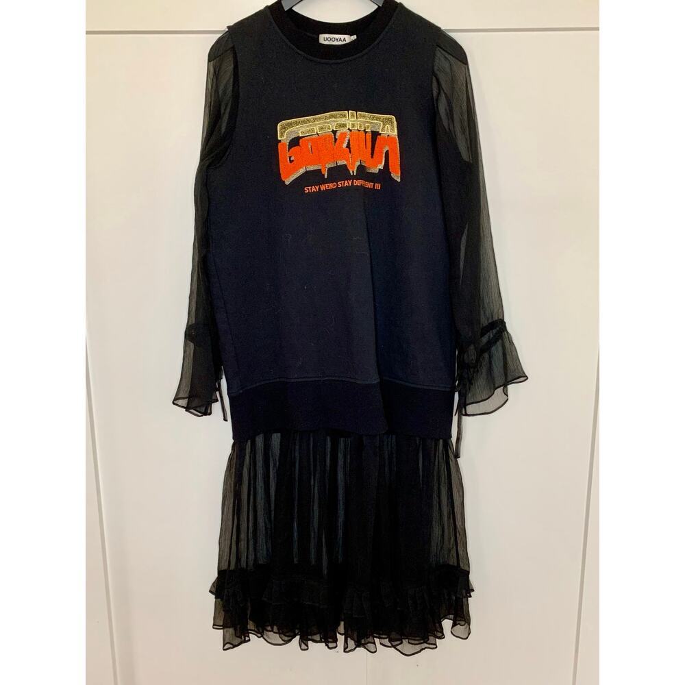 UOOYAA Mini Dress Godzilla Graphic Print Black Small Chiffon Long Sleeve Ruffle